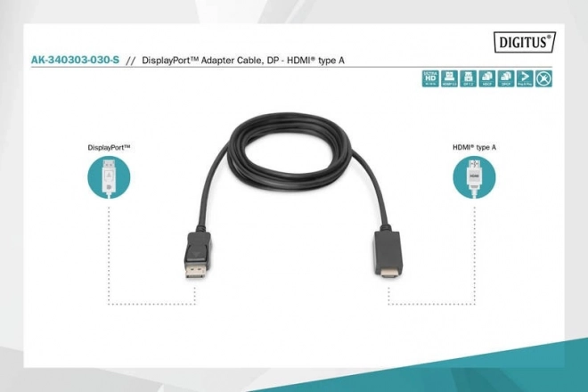 Câble adaptateur DisplayPort 1.2 avec connecteur encliquetable 4K 60Hz UHD Type DP/HDMI A M/M noir – 3 m