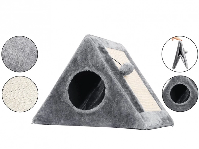 Griffoir triangulaire et maison pour chats avec balle