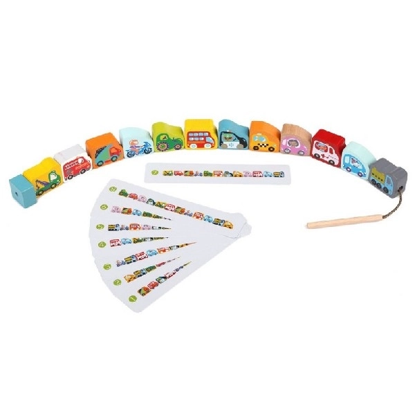 CUBIKA 14316 Ensemble de transport enfilable - set à enfiler - 13 pièces en bois et 8 modèles