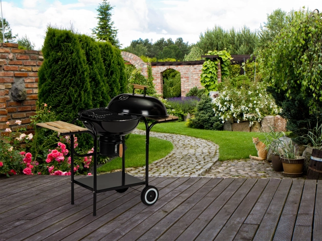 Gril de jardin au charbon de bois avec couvercle et étagères, grille et bac à cendres