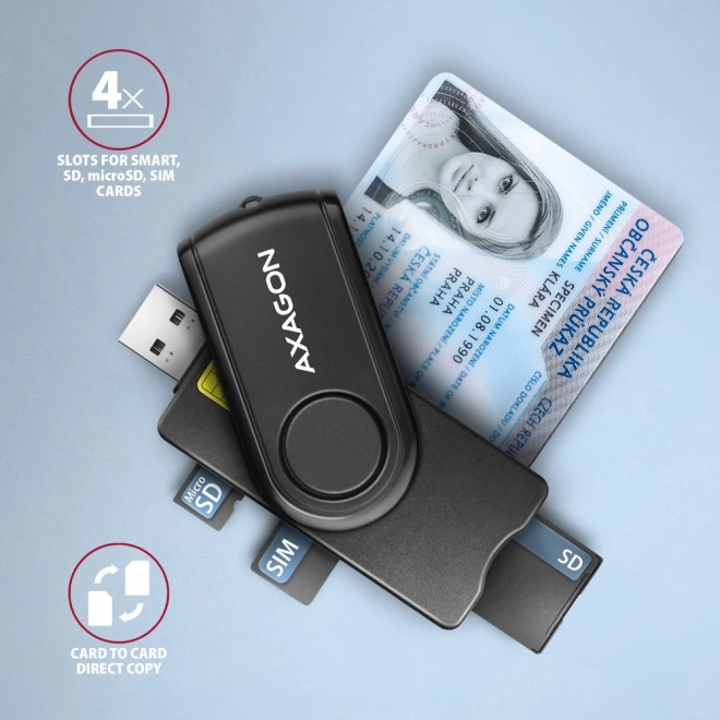 Lecteur de cartes axagon de poche pour ID, SD, microSD et cartes SIM avec USB