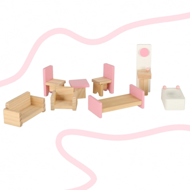 Maison de poupée en bois rose Montessori avec meubles et accessoires