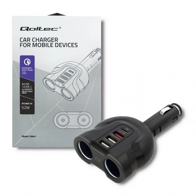 Distributeur de prise allume-cigare pour voiture 12-24V | 52W | 2,4A | 2xUSB | USB QC 3.0 | USB-C PD | 2x prise allume-cigare