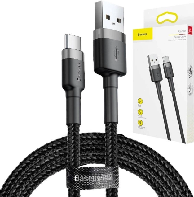 câble de charge et de données USB‑A vers USB‑C BASEUS Cafule 3 m, 2 A, noir‑gris