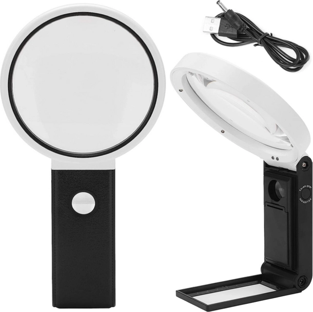 Loupe pliante pour bijoutiers avec grossissements 10x et 25x, lumière LED et UV