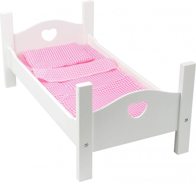 Lit en bois pour poupées avec petits cœurs blancs