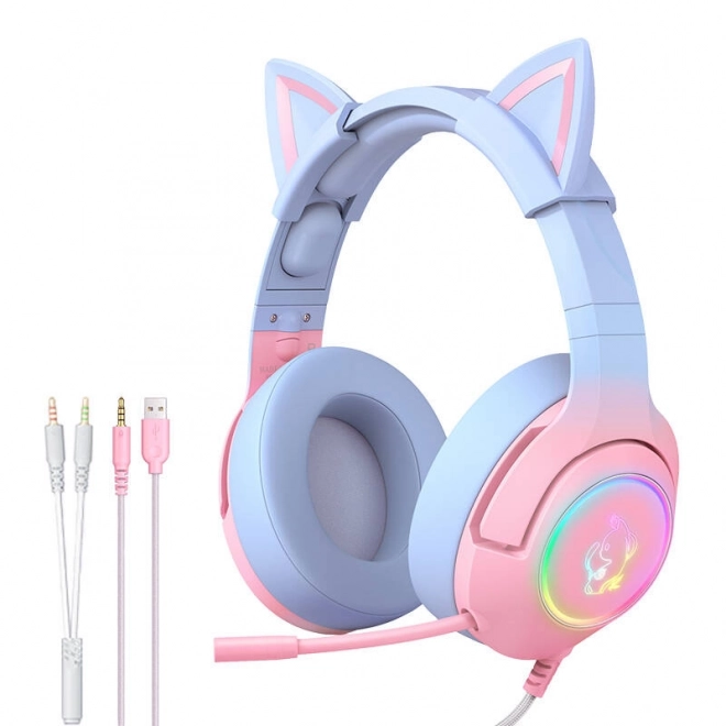 Casque de jeu rose-bleu avec oreilles de chat