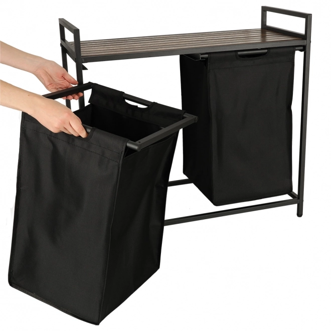 Panier à linge à deux compartiments avec étagère en bois noir Loft