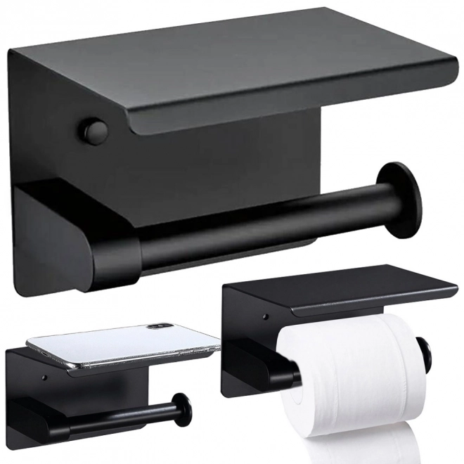 Support papier toilette en acier avec étagère pour téléphone noir