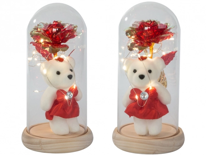Rose éternelle avec ourson dans une boîte en verre