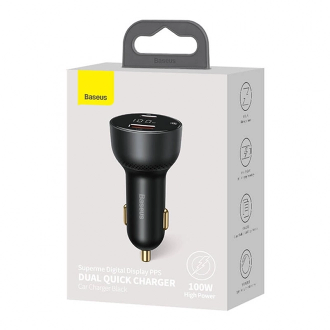Chargeur rapide pour voiture Baseus USB et USB-C 100W noir