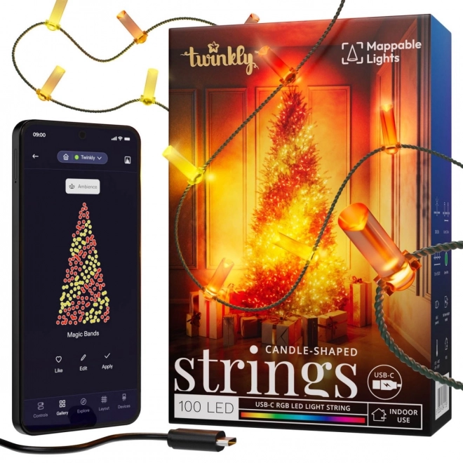 Guirlandes lumineuses intelligentes décoratives USB-C (Bonbons) 100 LED RGB, bougies, câble vert, 6 m