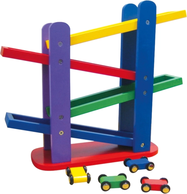 Circuit de voitures en bois avec petites voitures colorées