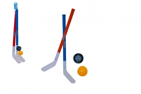2 bâtons de hockey de 72 cm en plastique + balle de floorball + palet en plastique dans un filet