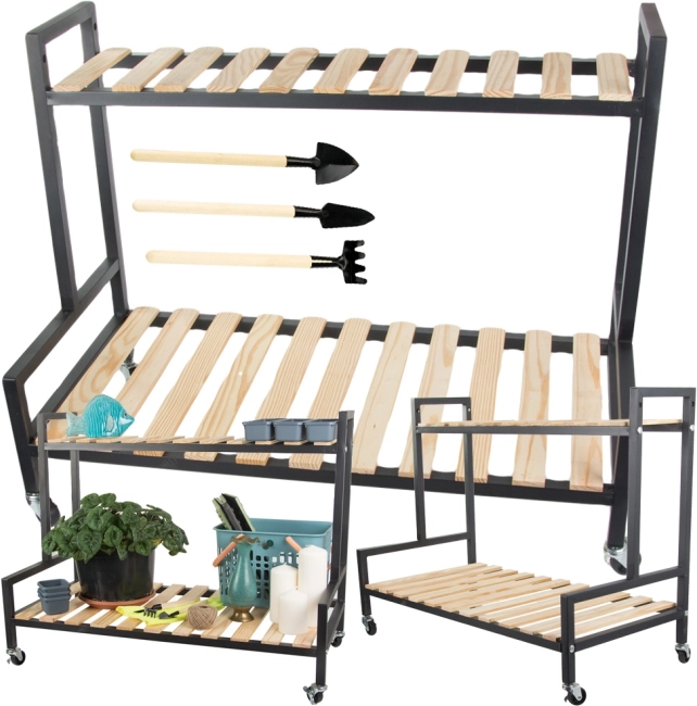 Étagère à plantes à deux niveaux en bois et métal sur roulettes avec outils