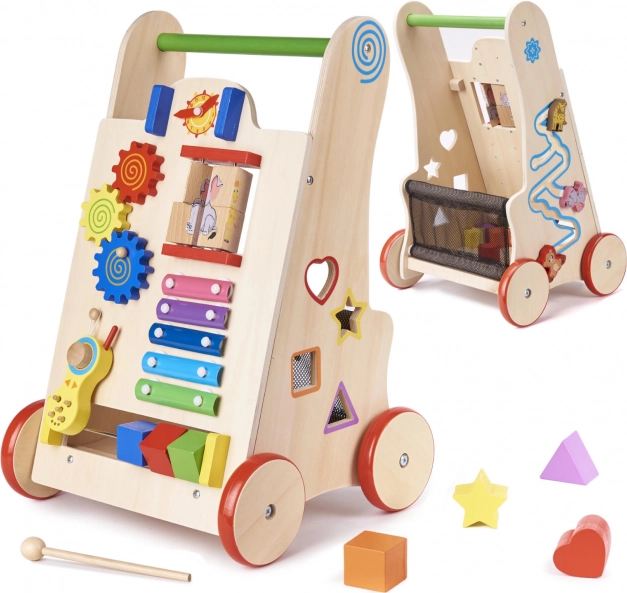 Chariot de marche en bois et cube éducatif 6-en-1