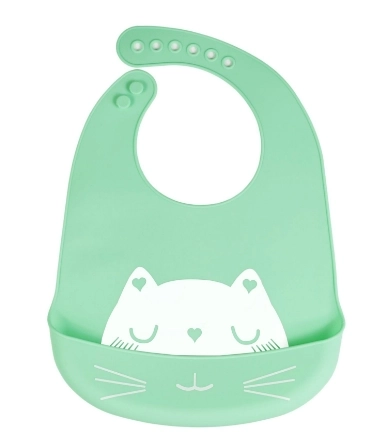 Bavoir en silicone pour enfant avec poche - vert, chat