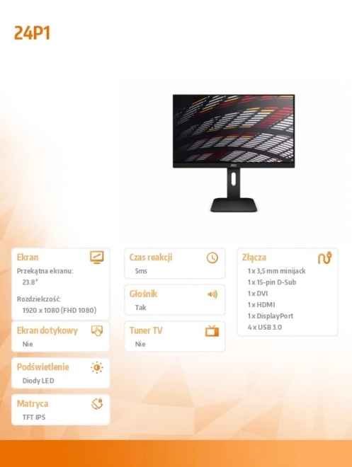 Moniteur AOC 24P1 IPS avec DVI, DP, HDMI, Pivot, Haut-parleurs