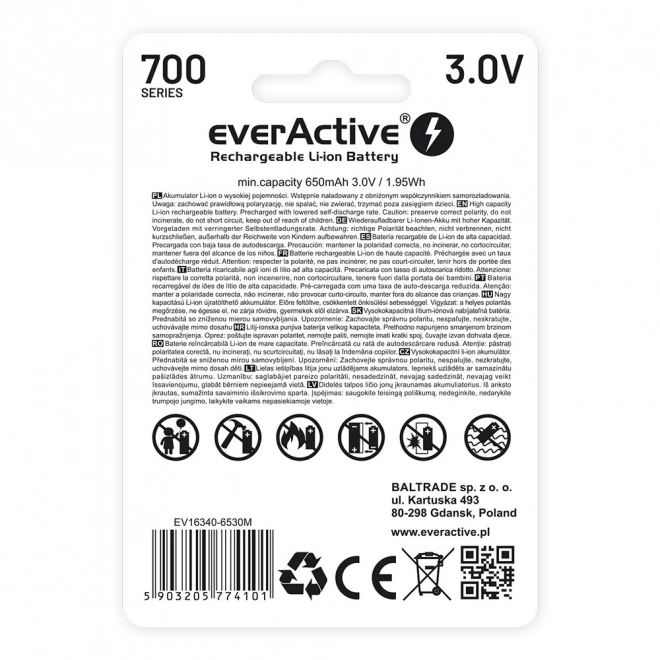 Batterie rechargeable EverActive 16340 700 mAh avec micro USB