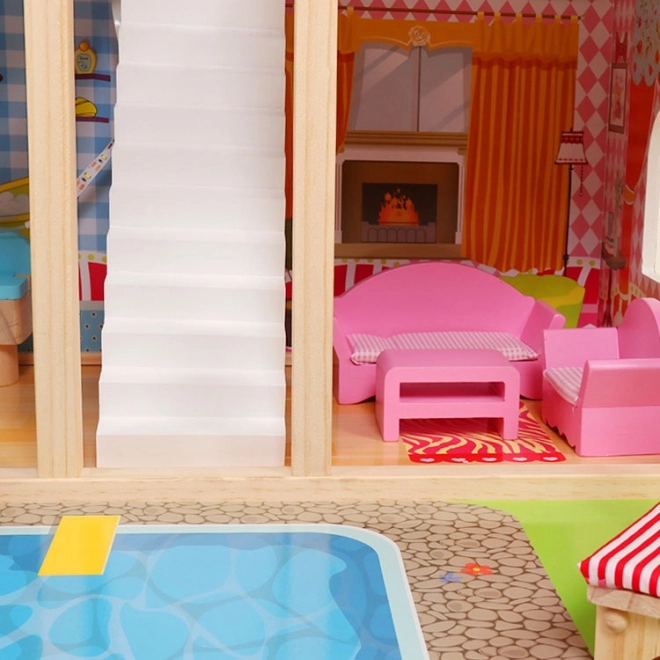 Maison de poupée en bois, meubles, piscine + éclairage ECOTOYS