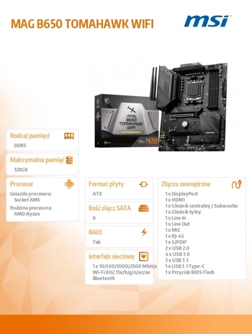Plateforme de base MAG B650 Tomahawk WiFi AM5 4DDR5 HDMI/DP ATX
