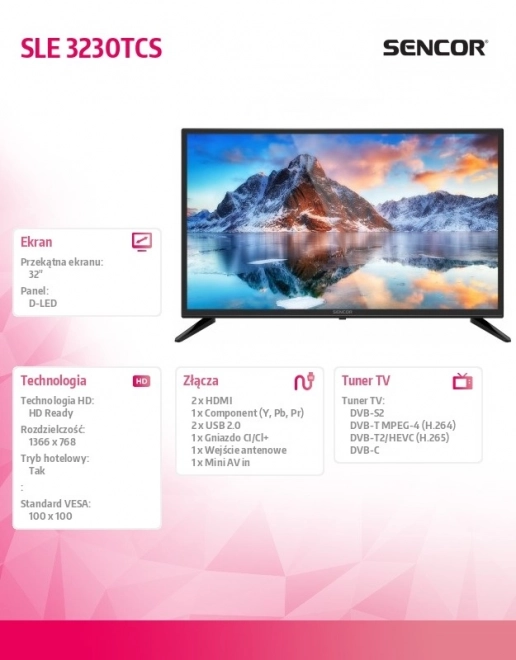 Télévision Sencor 32" HD Ready avec technologie D-LED