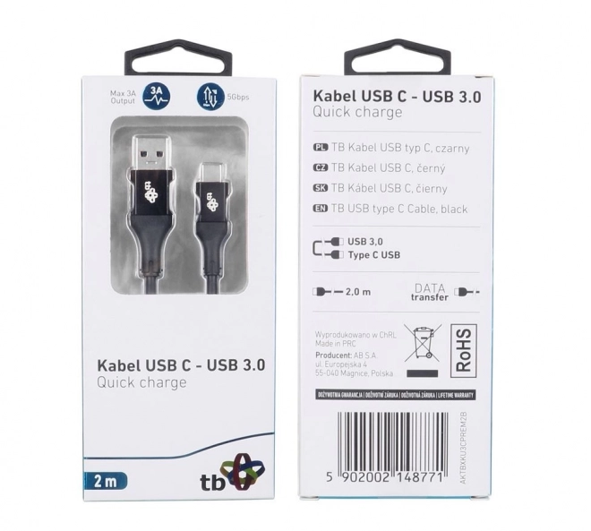 Câble USB USB 3.0 - USB-C 2m Premium 3A noir