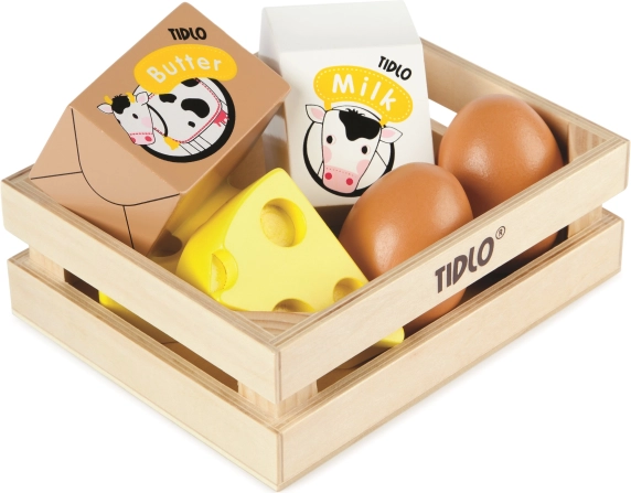Tidlo caisse en bois avec produits laitiers et œufs