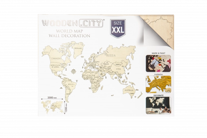 Carte du monde 3D murale en bois XXL couleur naturelle