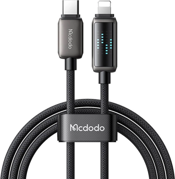 Câble de charge Mcdodo avec connecteurs USB‑C et Lightning et écran LED