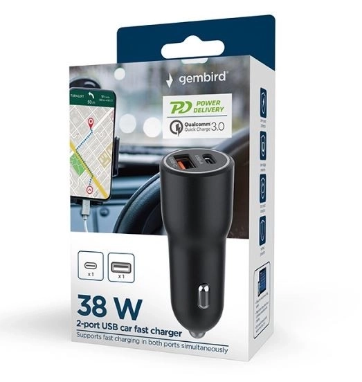Chargeur de voiture USB-A/USB-C noir 38W PD