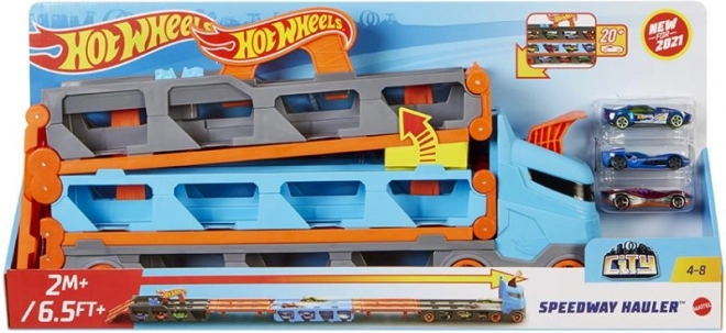 Transporteur de course Hot Wheels 2-en-1 avec piste de 1,8 m et espace de rangement pour 20 petites voitures
