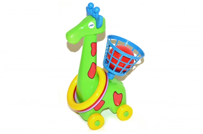 Girafe à lancer sur roulettes avec anneaux et panier