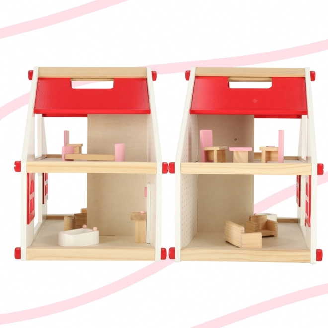 Maison de poupée en bois rose Montessori avec meubles et accessoires
