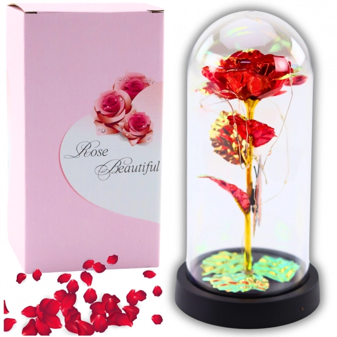 Rose éternelle sous dôme en verre avec éclairage LED et papillon rouge