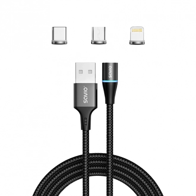 Câble USB Magnétique Savio 3 en 1 type C, Micro et Lightning, noir, 1m