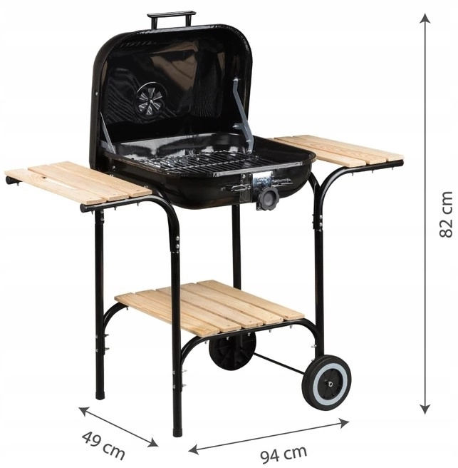 Grand barbecue de jardin avec grille réglable, étagères en bois