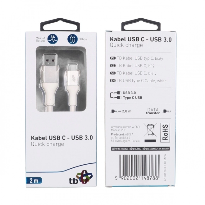 Câble USB 3.0 - USB C Blanc 2m PREMIUM 3A TPE