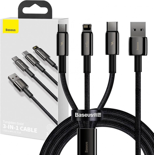 Baseus Tungsten Gold câble 3‑en‑1 de charge et de données USB vers Lightning / USB‑C / micro USB, 3,5 A, 1,5 m (noir)
