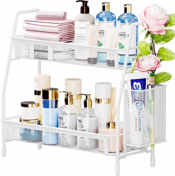 Organisateur métallique à deux niveaux avec panier latéral – blanc