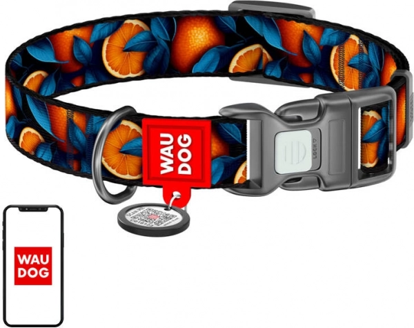 Collier pour chien en nylon WAU DOG Oranges avec étiquette QR, taille L