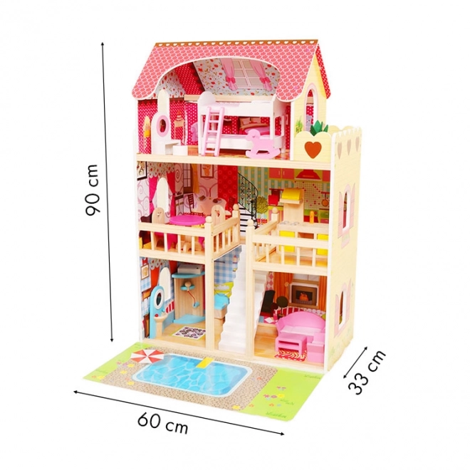 Maison de poupée en bois, meubles, piscine + éclairage ECOTOYS