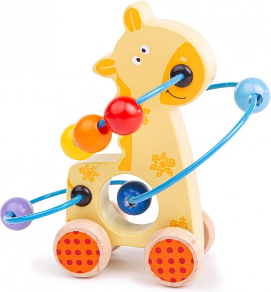 Girafe en bois sur roulettes avec labyrinthe de perles