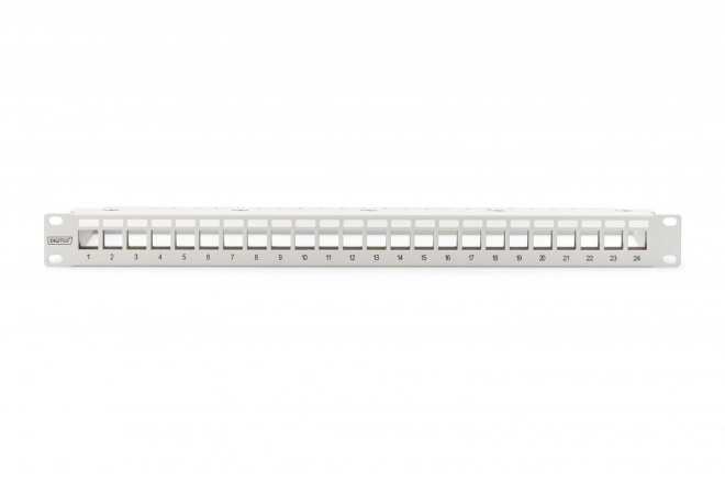 Panneau croisé modulaire 19" 24 ports pour modules keystone, 1U, blindé, avec gestion des câbles et champs de description, gris