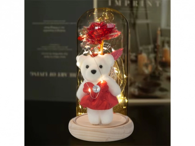 Rose éternelle avec ourson dans une boîte en verre