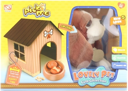 Chien en peluche avec niche et accessoires