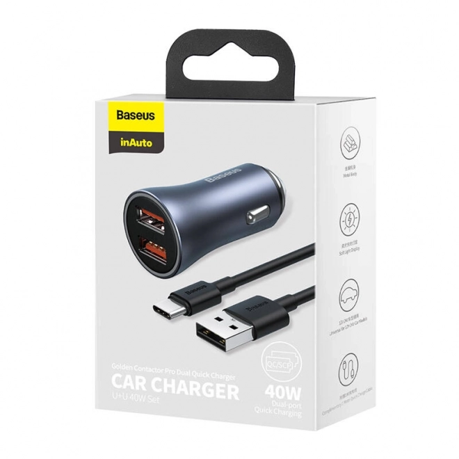 Chargeur de voiture Baseus avec USB double et câble USB-C