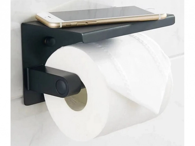 Support papier toilette en acier avec étagère pour téléphone noir