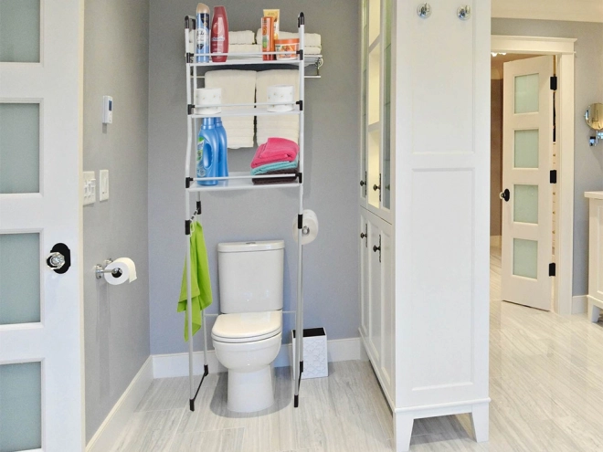 Étagère de salle de bain avec organiseur et trois étagères