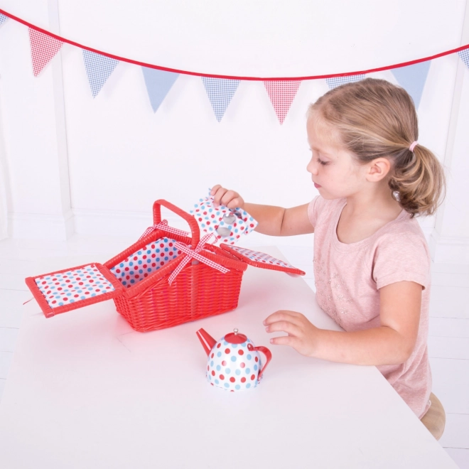 Bigjigs Toys Ensemble à pois pour le thé dans un panier de pique-nique